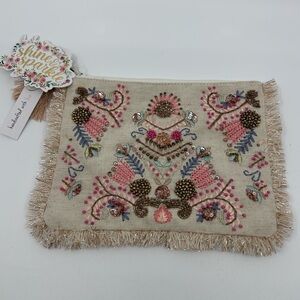 NWT Embroidered & beaded Clutch-make up bag with Fringe